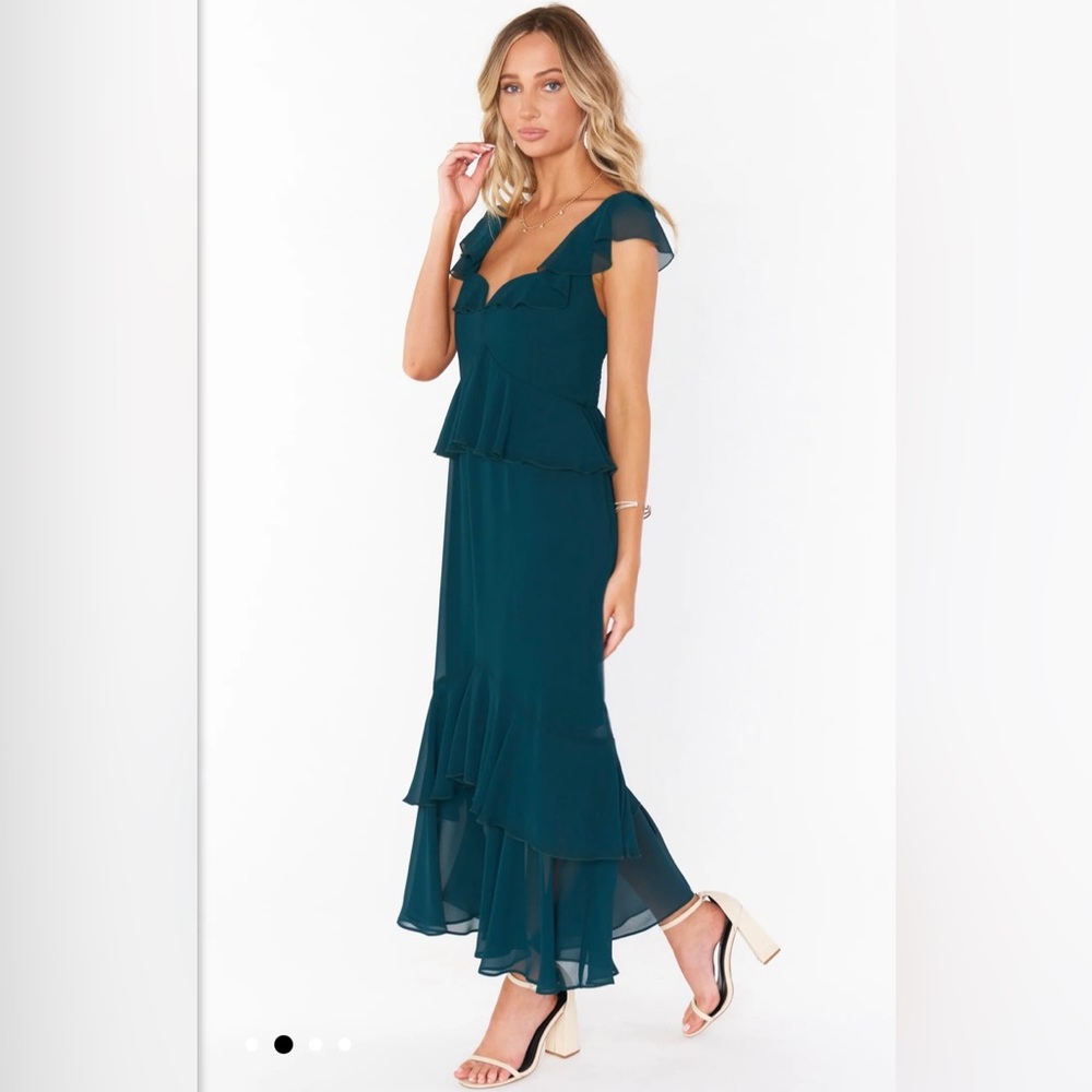 Show Me Your MuMu Reese midi dress in emerald chiffon in size medium